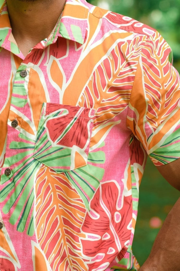 Sketched Jungle - Short Sleeve Shirt (Coral) - Malia Fiji